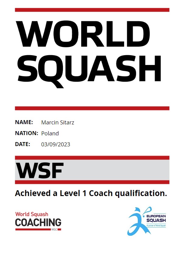 Certyfikat Międzynarodowy Trenera Squash w Teho Sport Gym Trzebownisko Rzeszów
